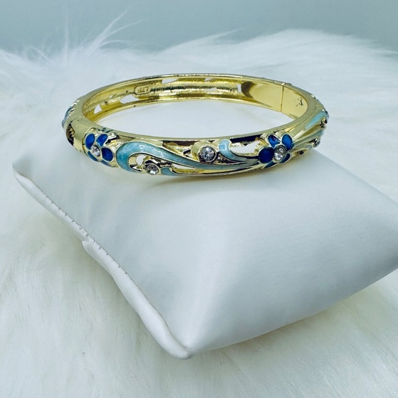 Blue Floral Theme Enamel Cloisonne Bracelet Bangle - Picture 3 of 7
